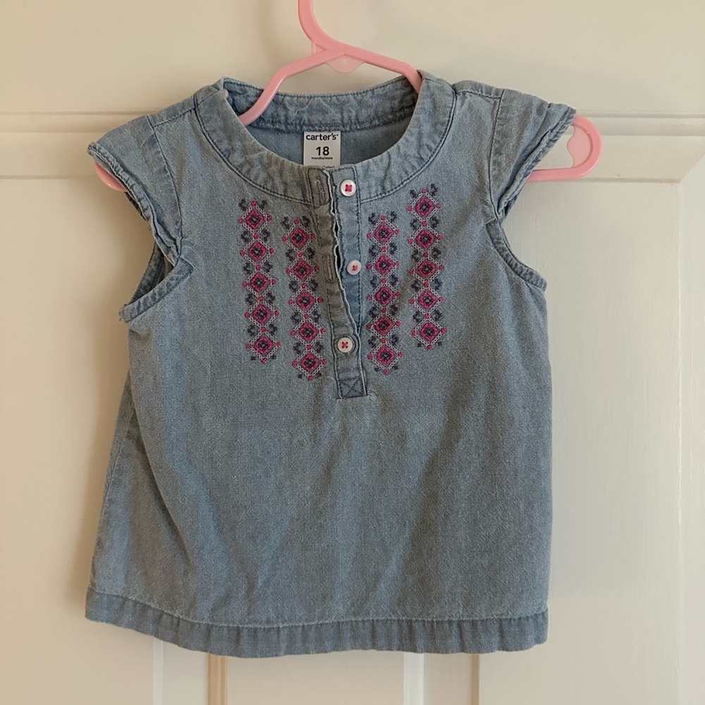 Carter's Blue and Pink Blouse with Embroidered Design